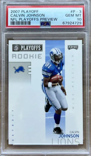 2007 PLAYOFF NFL PLAYOFFS PREVIEW #P-3 CALVIN JOHNSON RC HOF PSA 10 front
