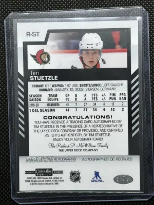 Tim Stützle 20/21 OPCP Rookie Autograph back