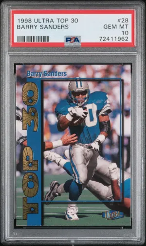 1998 ULTRA TOP 30 #28 BARRY SANDERS LIONS HOF POP 4 PSA 10 front
