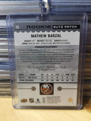 2016/17 Upper Deck Premier Rookie Auto Patch 3clr Matthew Barzal #99 back