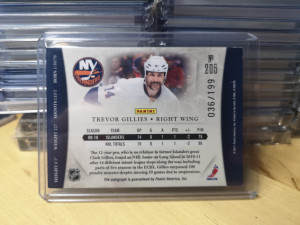 2011/12 Panini Dominion Hockey #205 Trevor Gillies Autograph RC back