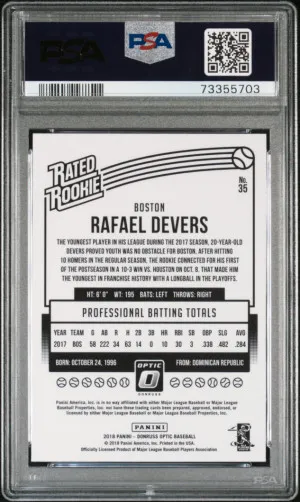 2018 PANINI DONRUSS OPTIC #35 RAFAEL DEVERS RC RATED ROOKIE PSA 10 back