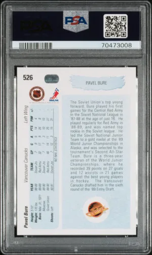 1990 UPPER DECK #526 PAVEL BURE RC YOUNG GUNS HOF PSA 10 back