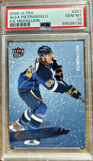 2008 ULTRA ICE MEDALLION #257 ALEX PIETRANGELO RC #/100 PSA 10 front