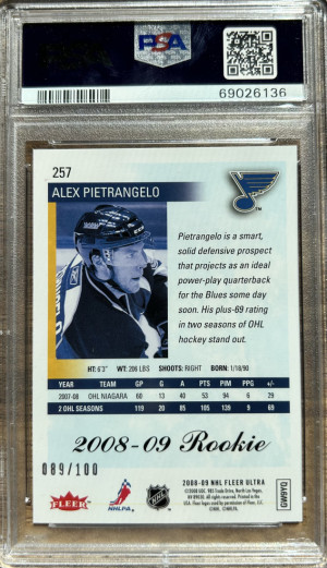 2008 ULTRA ICE MEDALLION #257 ALEX PIETRANGELO RC #/100 PSA 10 back