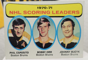 1971-72 Topps #3 PHIL ESPOSITO/BOBBY ORR/JOHNNY BUCYK Scoring Leaders front