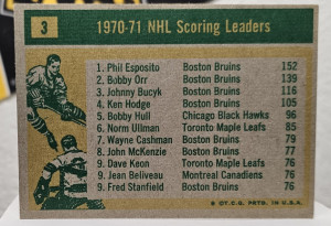1971-72 Topps #3 PHIL ESPOSITO/BOBBY ORR/JOHNNY BUCYK Scoring Leaders back