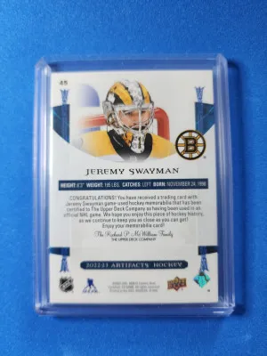 2022-23 Upper Deck Artifacts Emerald Material Relics #45 Jeremy Swayman /65 back