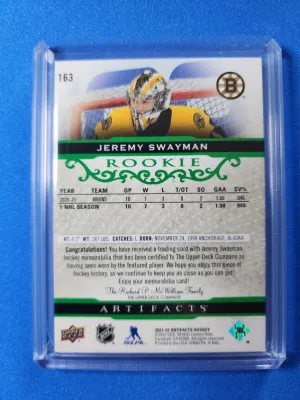 2021-22 Upper Deck Artifacts Emerald Material Relics #163 Rookies Jeremy Swayman /99 back