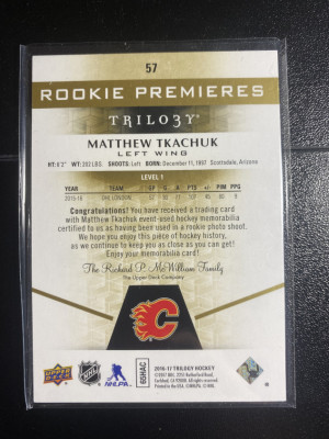 Matthew Tkachuk 16-17 Trilogy Rookie Premiers Jersey Level 1 164/399 back