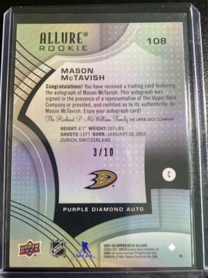 Mason McTavish 21-22 Allure Purple Diamond Auto 3/10 back
