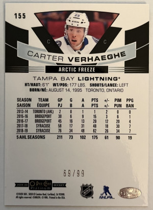 2019-20 Carter Verhaeghe OPC Platinum Arctic Freeze Marquee Rookies #/99 back