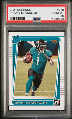 2021 PANINI DONRUSS #258 TRAVIS ETIENNE JR. RC JAGUARS PSA 10 front