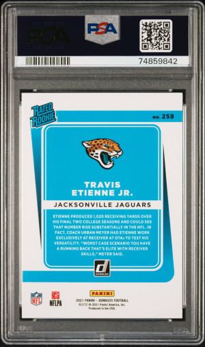 2021 PANINI DONRUSS #258 TRAVIS ETIENNE JR. RC JAGUARS PSA 10 back