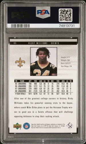 1999 UPPER DECK HOLOGrFX #65 RICKY WILLIAMS RC HEISMAN PSA 10 back