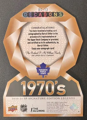 2020 SP Legends Signature Edition Darryl Sittler #DC-13 Decagons Gold Auto back