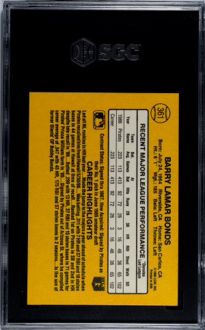 1987 DONRUSS BARRY BONDS #361 Rookie SGC 8.5 back