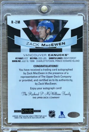 2019-20 O-PEE-CHEE PLATINUM ROOKIE AUTOS ZACK MACEWEN ROOKIE AUTO back