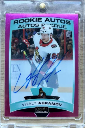 19-20 UD O-Pee-Chee Platinum Hockey RC Auto Matte Pink R-VA Vitaly Abramov /99 front