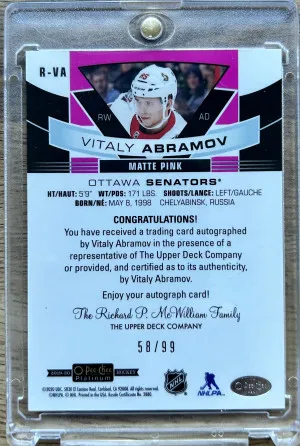 19-20 UD O-Pee-Chee Platinum Hockey RC Auto Matte Pink R-VA Vitaly Abramov /99 back