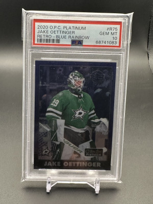 Jake Oettinger 2020-21 O-Pee-Chee Platinum Retro Rookie Blue Rainbow PSA 10 front