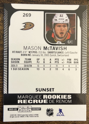 2021-22 O-Pee-Chee Platinum Mason McTavish Marquee Rookies Sunset back