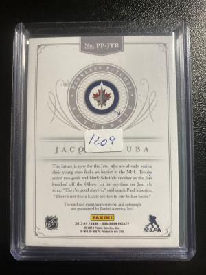 Jacob Trouba 13-14 Panini Dominion Peerless Patch Auto 39/50 back
