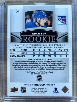 2019-20 The Cup #104 Adam Fox Rookie Patch Auto 001/249 back