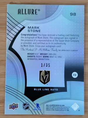 21-22 Upper Deck Allure Mark Stone Blue Lime Auto 1/35 back