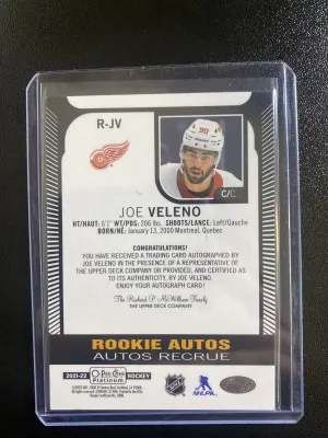 Joe Veleno 21-22 OPC Platinum Base Rookie Auto back