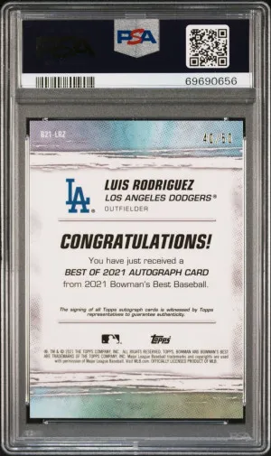 2021 BOWMAN'S GOLD REFRACTOR LUIS RODRIGUEZ RC #/50 PSA 10 AUTO 10 back