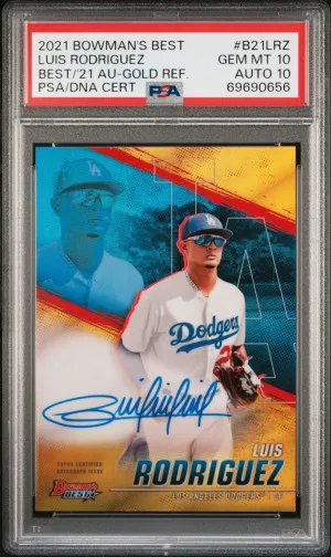 2021 BOWMAN'S GOLD REFRACTOR LUIS RODRIGUEZ RC #/50 PSA 10 AUTO 10 front