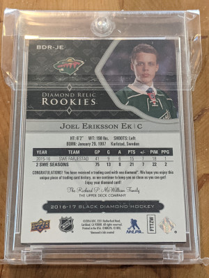 16-17 Black Diamond Joel Eriksson Ek 36/99 Rookie Single Diamond Relic back