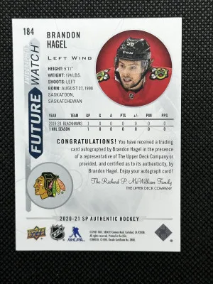Brandon Hagel 20/21 UD SP Authentic Future Watch Auto 184 back