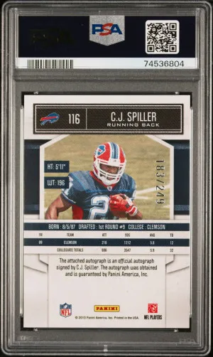 2010 CLASSICS SIGNIFICANT AUTO GOLD C.J. SPILLER RC #/249 PSA 10 back