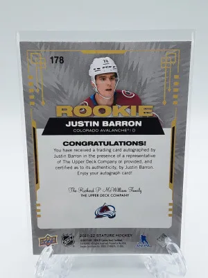 2021-22 Upper Deck Stature Justin Barron Rookie Auto /199 back