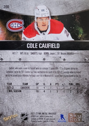 2021-22 Metal Universe Cole Caufield Rookie Blue Spectrum back