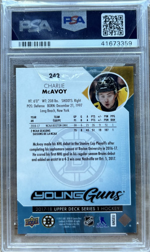2017 Upper Deck Charlie McAvoy Young Guns PSA 10 back
