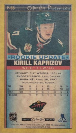 2021-22 O-Pee-Chee Kirill Kaprizov OPC Premier Rookie Update Tallboy Yellow Border back