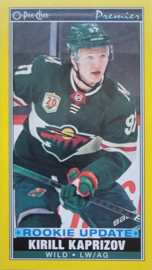 2021-22 O-Pee-Chee Kirill Kaprizov OPC Premier Rookie Update Tallboy Yellow Border front