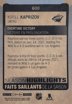 2021-22 O-Pee-Chee Kirill Kaprizov Season Highlights back