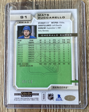 2018-19 O-Pee-Chee OPC Platinum Mats Zuccarello Emerald Surge /10 #91 back