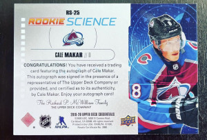 Cale Makar 2019-20 Upper Deck Credentials Rookie Science auto back