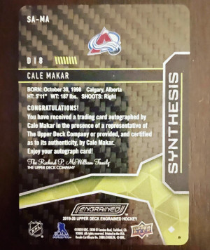 Cale Makar 2019-20 Upper Deck Engrained Synthesis Carbon Fiber auto back