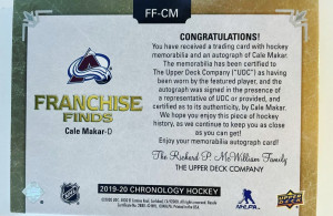 Cale Makar 2019-20 Upper Deck Chronology Franchise finds /25 back