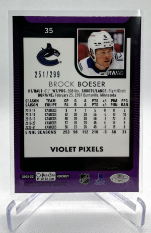 2021-22 O-Pee-Chee OPC Platinum Violet Pixels #35 Brock Boeser /299 back