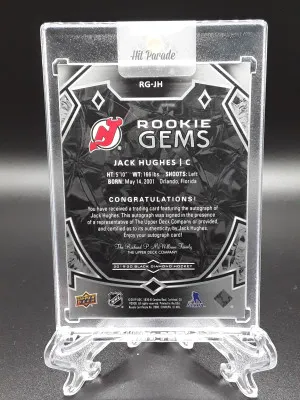 2019/20 UD Black Diamond Jack Hughes Pure Black Rookie Gems Auto #87/99 Hit Parade back