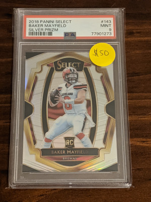 2018 Select Silver Prizm Baker Mayfield Rookie PSA 9 front