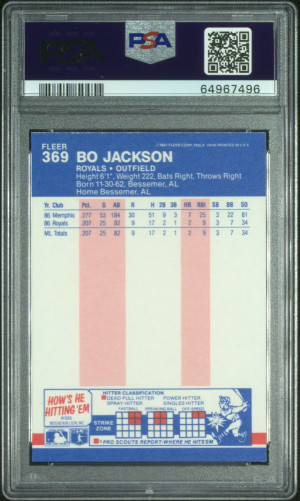 1987 FLEER #369 BO JACKSON RC ROYALS PSA 10 DNA AUTO 10 back