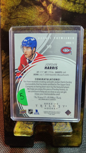 Jordan Harris '23 UD Trilogy Rookie Premiers 63/499 Patch Card Level 1 back